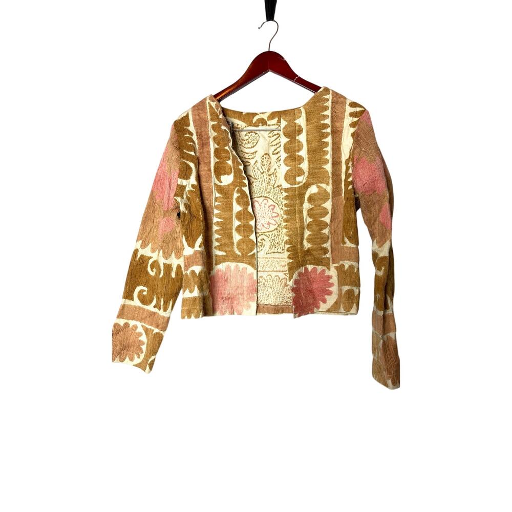 Womens Suzani Embroidered Jacket Cropped Boho Floral Open Front Pink Brown Sz M